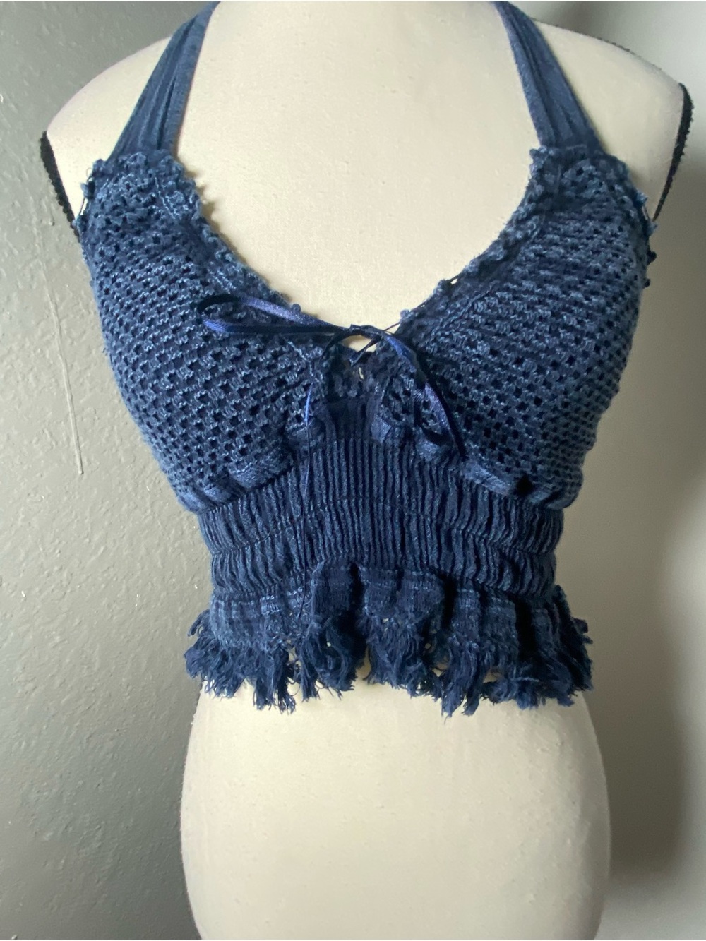 Y2K Blue Washed Denim Look Whimsy Boho Halter Top Size Small